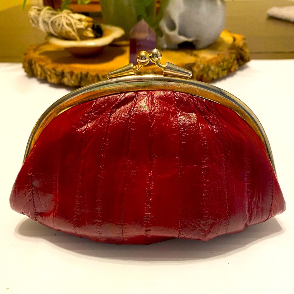 Vintage Burgundy Red Eel Skin Double Change Purse Retro 70s